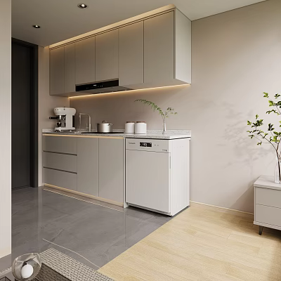 Modern Kitchen Interior With Sleek Gray Cabinets Countertop Appliances And Strip Lighting 3d model