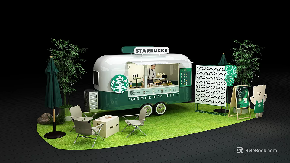 Starbucks Mobile Coffee Cart Outdoor Setup With Green Plants Chairs Tables Umbrella And Signboard 3d model 