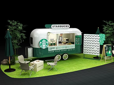 Starbucks Mobile Coffee Cart Outdoor Setup With Green Plants Chairs Tables Umbrella And Signboard 3d model