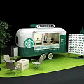 Starbucks Mobile Coffee Cart Outdoor Setup With Green Plants Chairs Tables Umbrella And Signboard