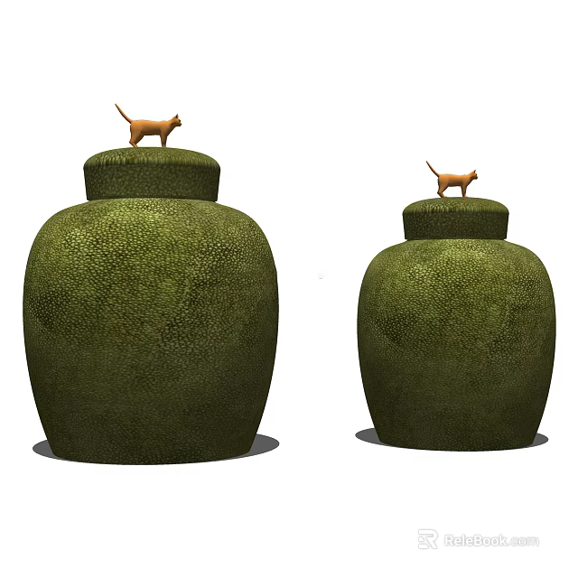 Two Green Ceramic Vessels With Orange Cats On Top 3d model 