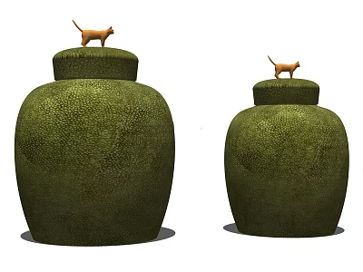 Two Green Ceramic Vessels With Orange Cats On Top 3d model