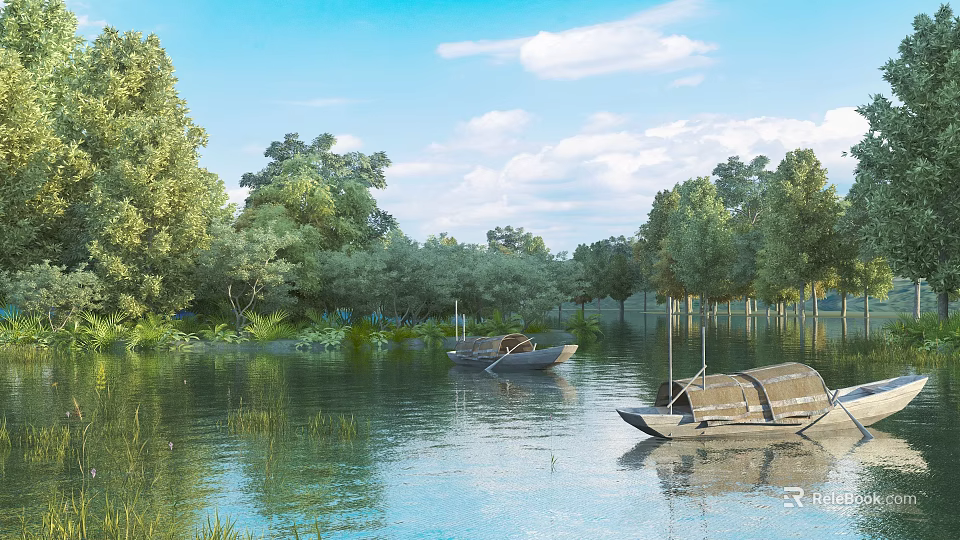 Scenic River View With Calm Water Surface Two Boats Surrounding Trees And Cloudy Sky 3d model 