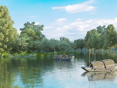Scenic River View With Calm Water Surface Two Boats Surrounding Trees And Cloudy Sky 3d model