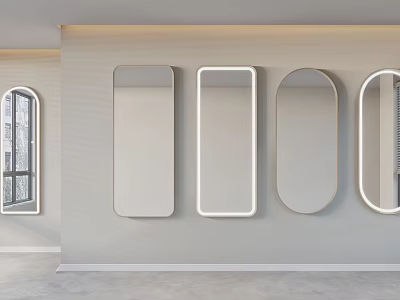 Stylish Modern Various Shaped Mirrors Hanging On Wall In Interior Space 3d model