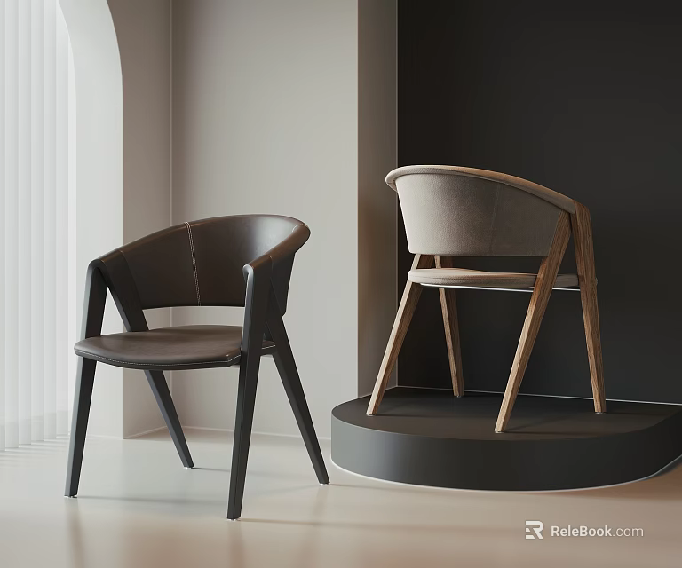 Modern Accent Chairs Dark Brown Light Gray Upholstered with Wooden Legs in Minimalist Interior 3d model 