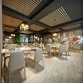 Modern Restaurant Interior Design with Wooden Reception Counter Wine Rack Green Plants and Chandeliers