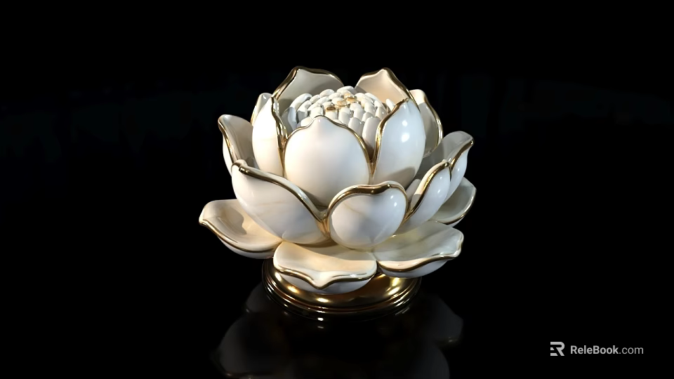 Decorative Ornament Set Lotus Shaped White Ceramic with Gold Trim and Elegant Design 3d model 