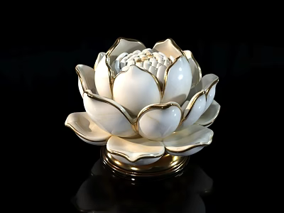 Decorative Ornament Set Lotus Shaped White Ceramic with Gold Trim and Elegant Design 3d model