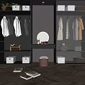 Modern Walk in Closet Interior Design With Hanging Clothes Round Mirror And Storage Drawers