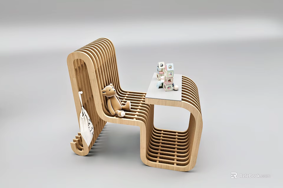 Wooden Children's Chair with Curved Design Small Table Toys Teddy Bear and Bag 3d model 