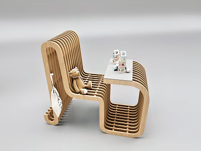 Wooden Children's Chair with Curved Design Small Table Toys Teddy Bear and Bag 3d model