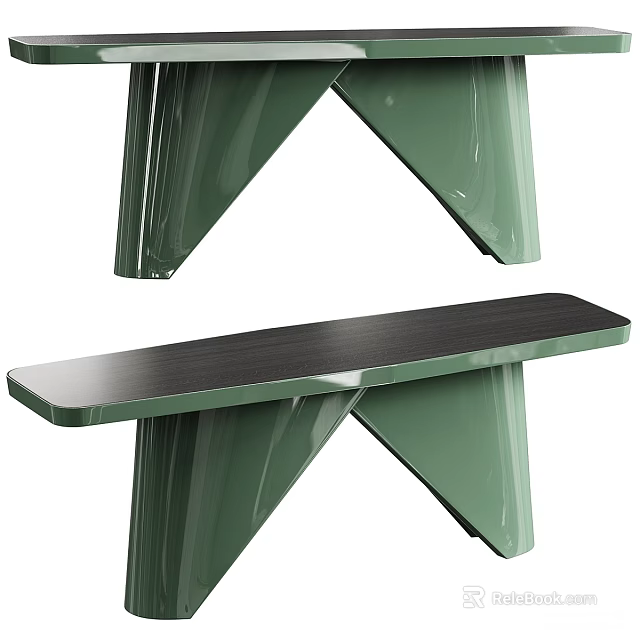 Modern Green Dining Table With Black Tabletop And Triangular Green Legs 3d model