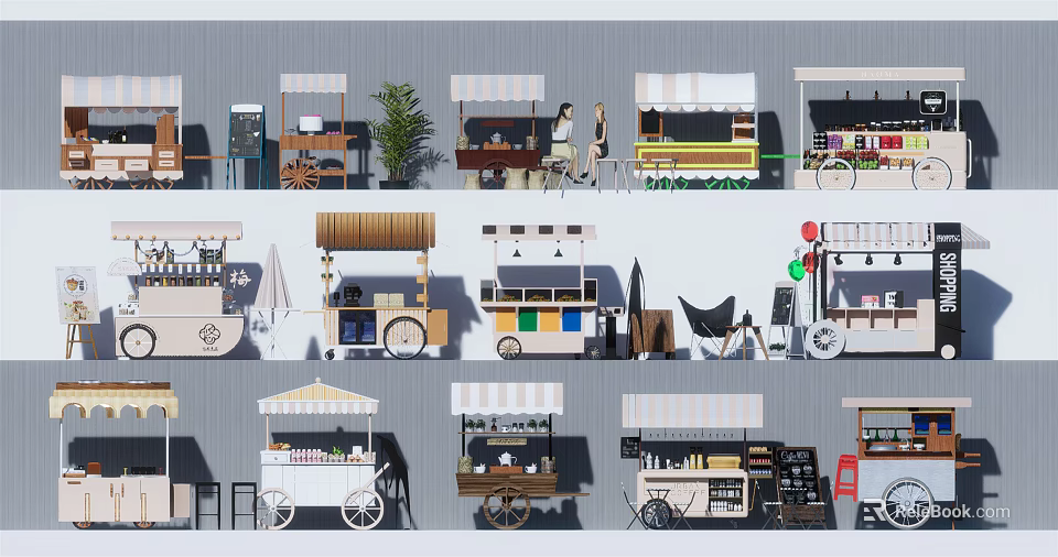 Functional Mobile Carts With Awnings Storage And Various Vending Designs For Food Drinks 3d model 