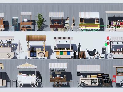 Functional Mobile Carts With Awnings Storage And Various Vending Designs For Food Drinks 3d model
