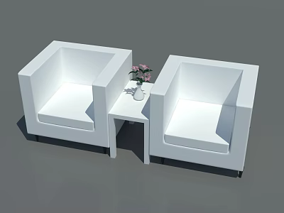White Single Sofa Set With Small Table And Vase Of Pink Flowers 3d model
