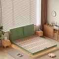 Green Upholstered Headboard Double Bed with Wooden Blinds Brown Curtains Bedside Table and Floor Lamp