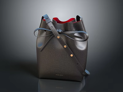 Stylish Black Leather Bucket Bag With Blue Straps Red Interior And Gold Buttons 3d model