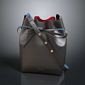 Stylish Black Leather Bucket Bag With Blue Straps Red Interior And Gold Buttons