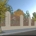 Elegant Building Exterior Wall With White Finish Wrought Iron Railings And Trees Along Street