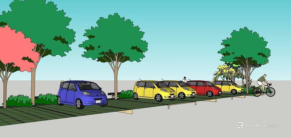 Colorful Cars Parked In Outdoor Parking Lot With Green Trees And Blue Sky 3d model 