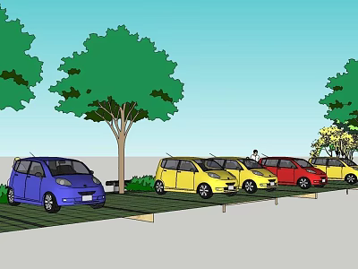 Colorful Cars Parked In Outdoor Parking Lot With Green Trees And Blue Sky 3d model