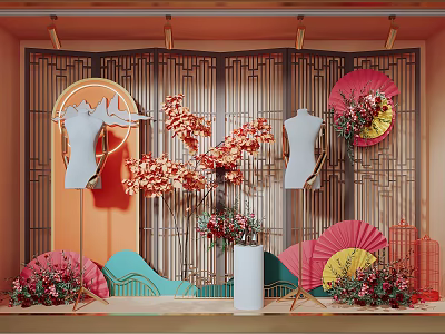 Window Display With Wooden Lattice Backdrop Mannequins Floral Decorations Colorful Fans And Decorative Mountain Shapes 3d model