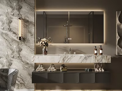 Modern Bathroom Vanity with Marble Countertop Illuminated Mirror Wall Sconces and Vase 3d model