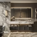 Modern Bathroom Vanity with Marble Countertop Illuminated Mirror Wall Sconces and Vase
