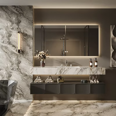 Modern Bathroom Vanity with Marble Countertop Illuminated Mirror Wall Sconces and Vase 3d model