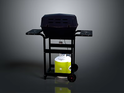 Black Outdoor Grill with Side Trays Wheeled Stand and Green White Gas Cylinder 3d model