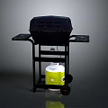 Black Outdoor Grill with Side Trays Wheeled Stand and Green White Gas Cylinder