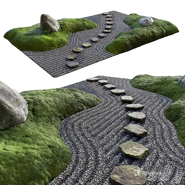 Zen Garden Feature With Stepping Stones Raked Pebble Patterns And Moss Covered Surfaces 3d model 