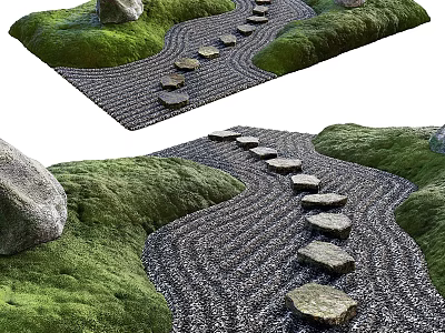 Zen Garden Feature With Stepping Stones Raked Pebble Patterns And Moss Covered Surfaces 3d model