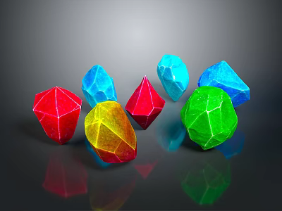 Colorful Geometric Sculptures with Shiny Polyhedral Shapes on Gray Background and Reflections 3d model