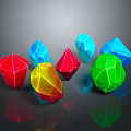 Colorful Geometric Sculptures with Shiny Polyhedral Shapes on Gray Background and Reflections