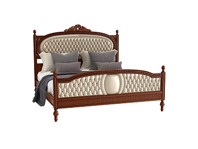 Classic Double Bed With Tufted Upholstered Headboard Dark Brown Wooden Frame And Grey Beige Pillows 3d model