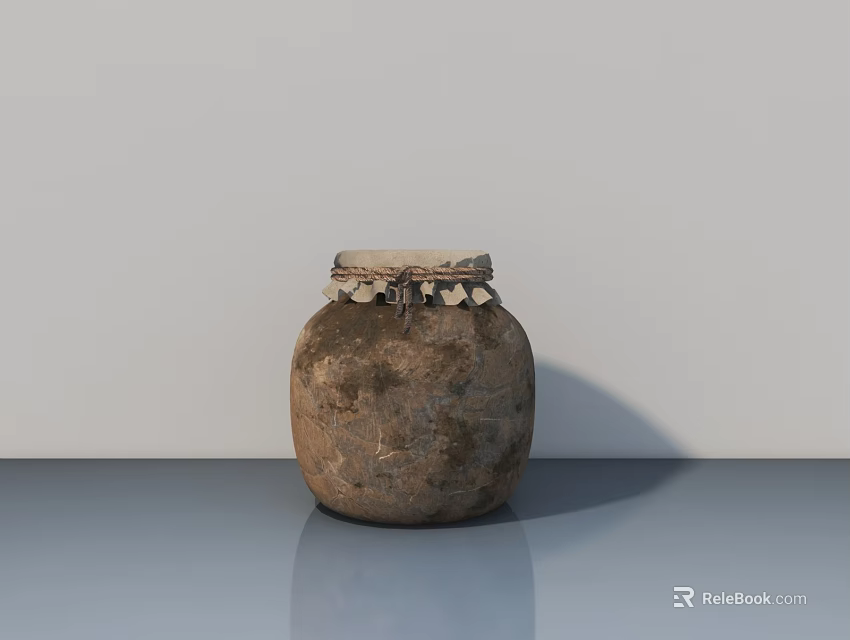 Brown Textured Ceramic Jar With Fringed Lid On Gray Countertop Against Light Colored Wall 3d model 