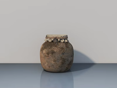 Brown Textured Ceramic Jar With Fringed Lid On Gray Countertop Against Light Colored Wall 3d model