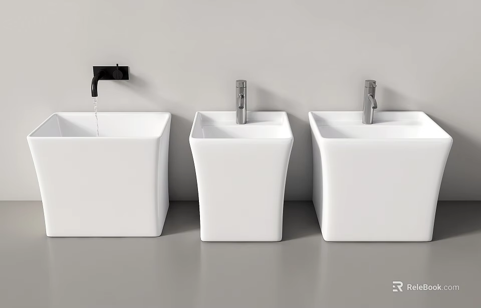 Three Modern White Square Bathroom Sinks With Faucets And Water Flowing 3d model 