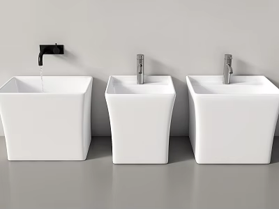 Three Modern White Square Bathroom Sinks With Faucets And Water Flowing 3d model