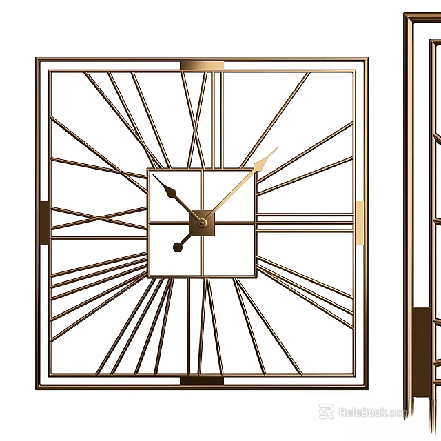 Modern Square Wall Clock With Gold Frame And Radial Geometric Lines 3d model 