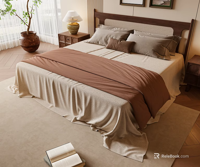 Double Bed with Gray Pillows Brown Blanket Beige Sheets Nightstand Lamp Potted Plant Wooden Floor 3d model 