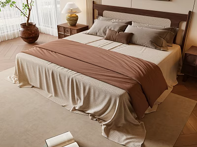 Double Bed with Gray Pillows Brown Blanket Beige Sheets Nightstand Lamp Potted Plant Wooden Floor 3d model
