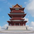 Traditional Chinese Ancient Tower With Red Structure Overhanging Eaves And White Base Under Blue Sky