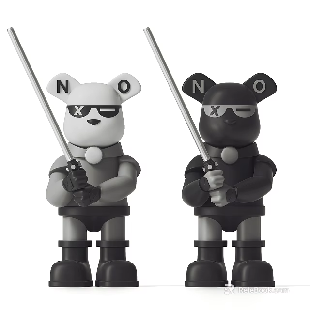 Cartoon Bear Sculptures Wearing Sunglasses Holding Swords And Black White NO Design 3d model 