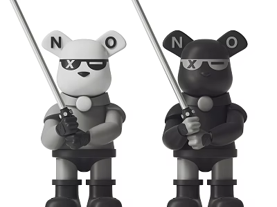 Cartoon Bear Sculptures Wearing Sunglasses Holding Swords And Black White NO Design 3d model
