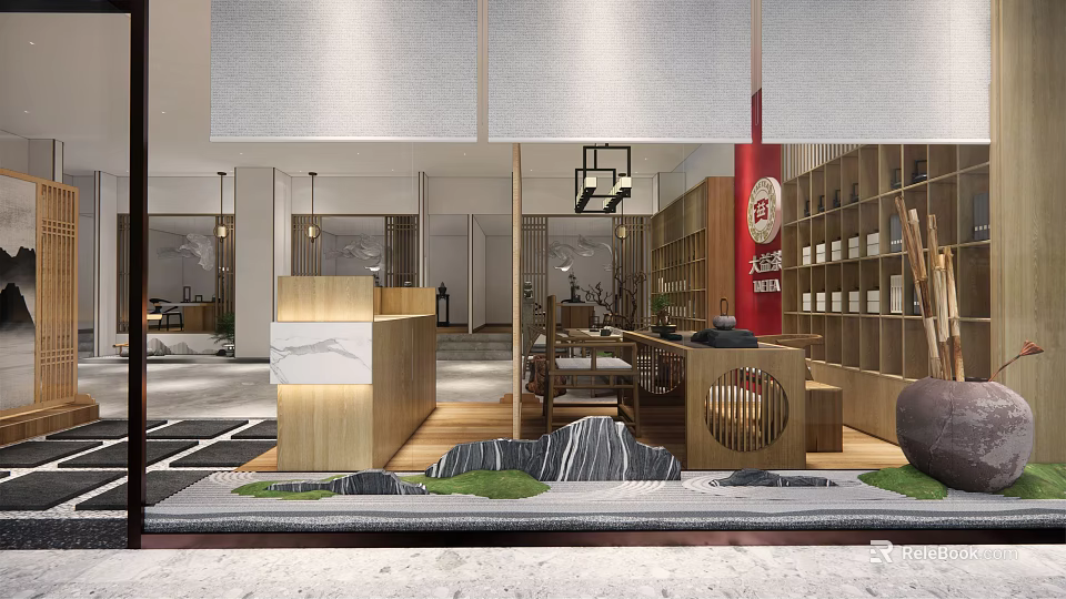 Traditional Tea House Interior Design With Wooden Furniture Tea Sets And Rock Garden 3d model 