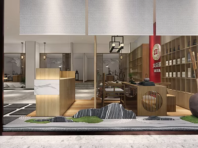 Traditional Tea House Interior Design With Wooden Furniture Tea Sets And Rock Garden 3d model