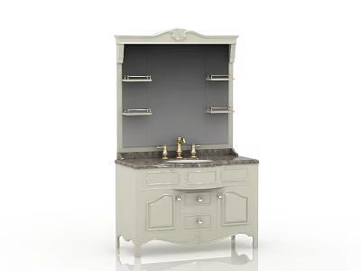 Light Gray Bathroom Vanity Cabinet With Carved Design Marble Countertop Gold Faucet Shelves And Mirror 3d model